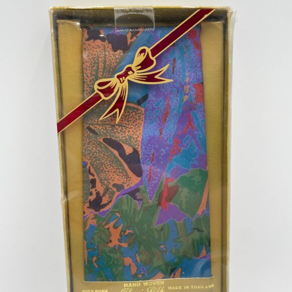 Vintage Tie Thai Silk Tropical Design NWT Deadstock Abstract Floral Leaves Blue - Picture 2 of 8